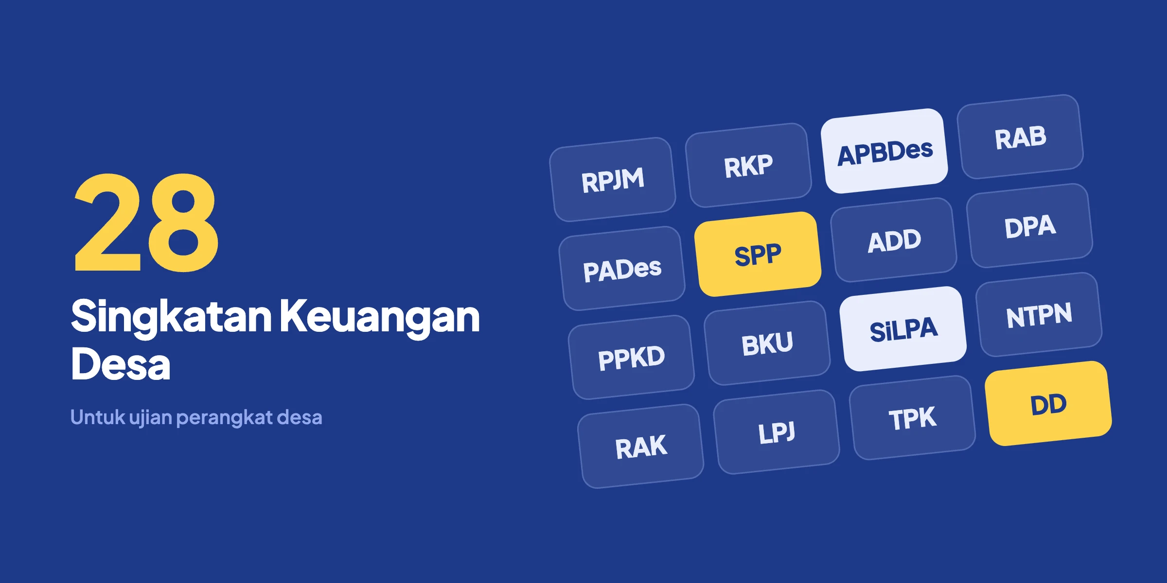 Angka 28 dan tulisan Singkatan Keuangan Desa di samping kotak-kotak singkatan seperti SPP, DPA, BKU, dan SiLPA