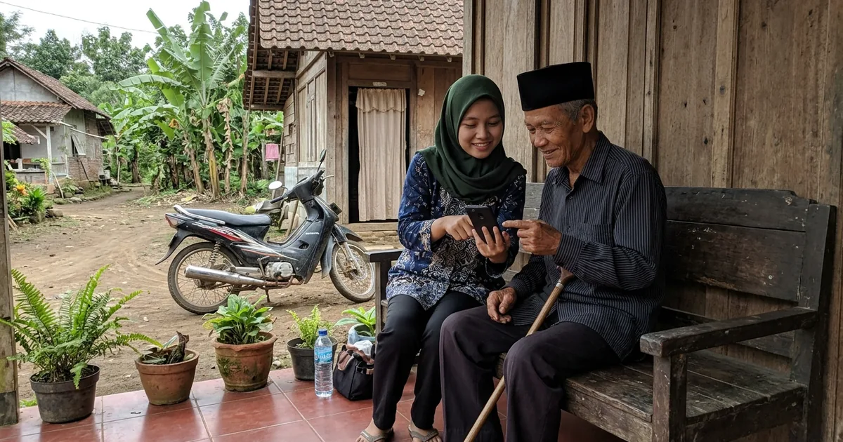 Relawan muda membantu bapak lansia mendaftar bansos lewat HP di teras rumah desa