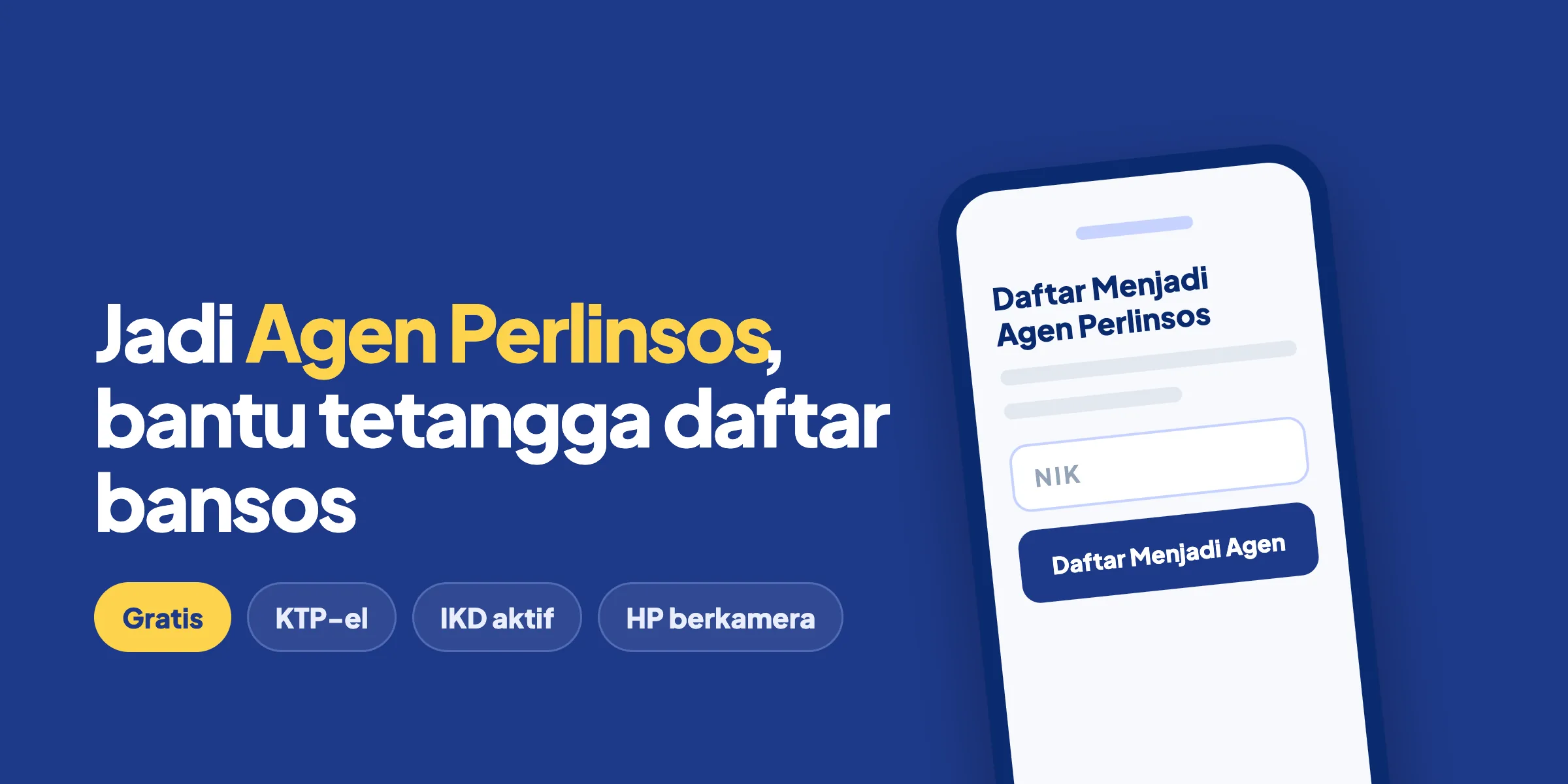 Tulisan Jadi Agen Perlinsos, bantu tetangga daftar bansos, di samping HP yang menampilkan halaman Daftar Menjadi Agen